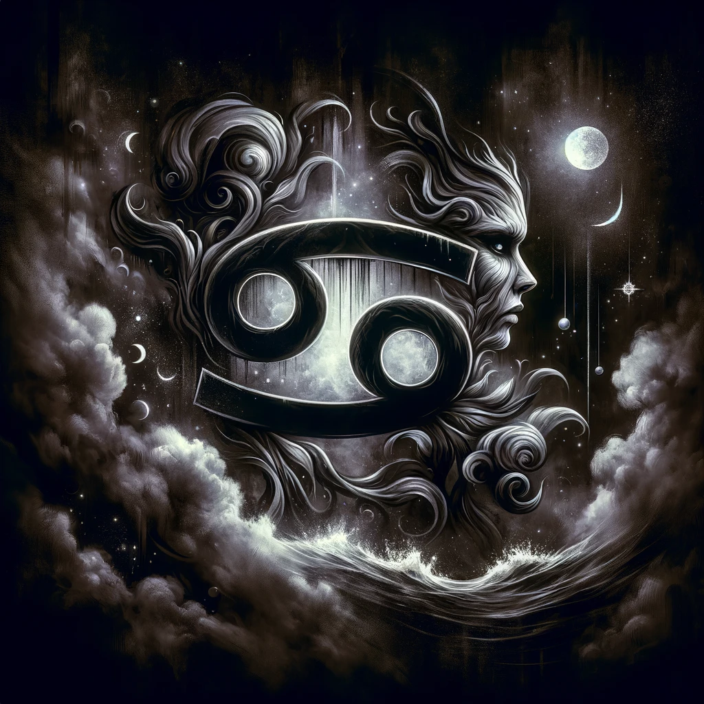 Ілюстрація знака зодіаку Рак, представлена як темний емпат. Вона зображує загадкову та емоційну природу Рака, поєднану з елементами води, місяця і тіньових мотивів, які підкреслюють суміш емпатії та прихованих намірів.